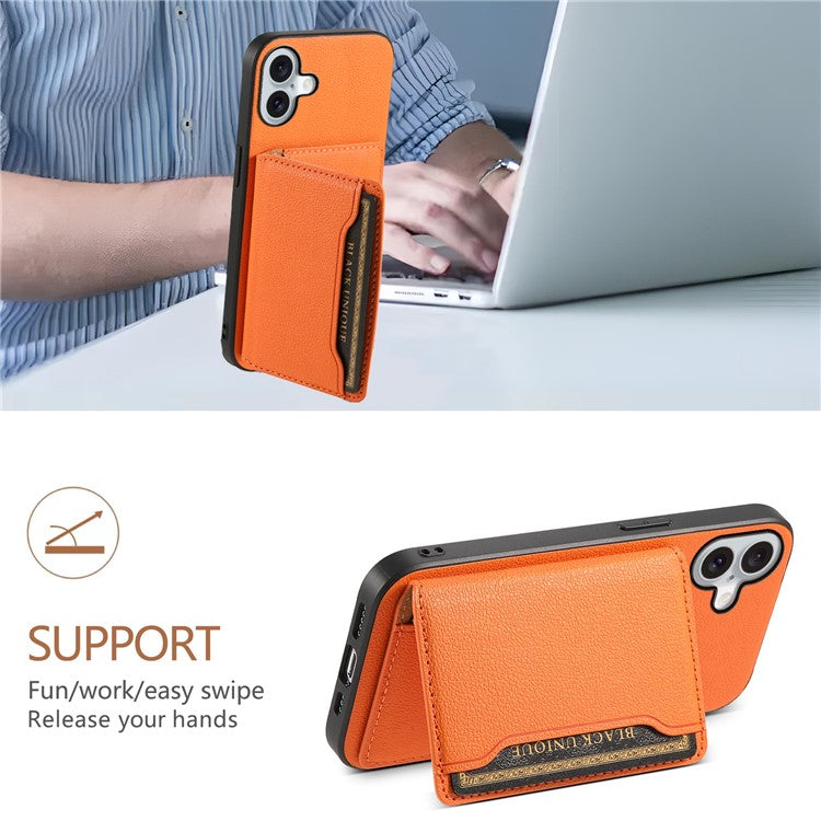 For iPhone 16 Plus Case Card Holder Kickstand Leather Coated PC+TPU Phone Cover - Orange