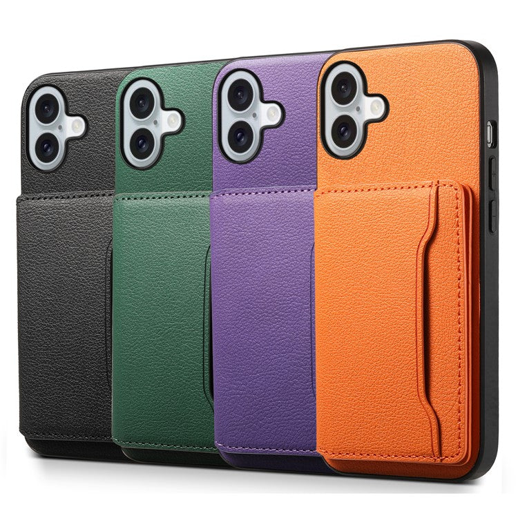 For iPhone 16 Plus Case Card Holder Kickstand Leather Coated PC+TPU Phone Cover - Orange