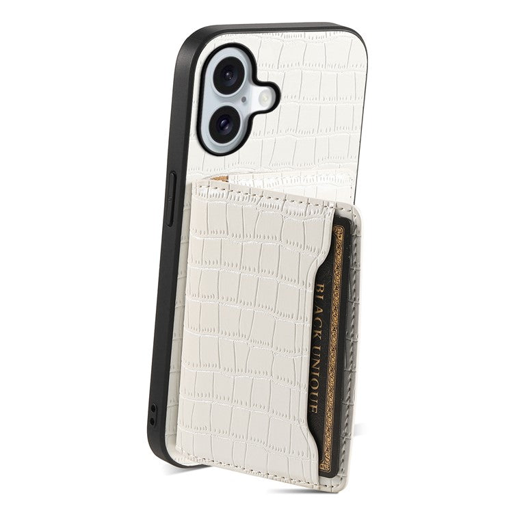 For iPhone 16 Case Card Holder Kickstand Crocodile Texture Leather Back Phone Cover - White