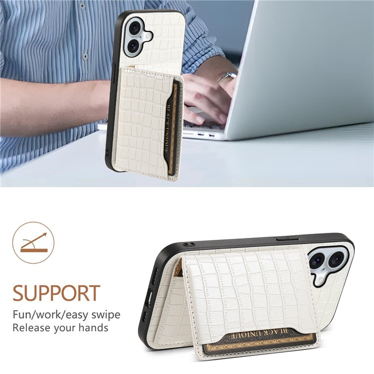 For iPhone 16 Case Card Holder Kickstand Crocodile Texture Leather Back Phone Cover - White