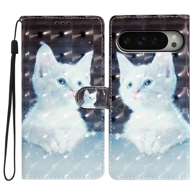 For Google Pixel 9 / 9 Pro Case PU Leather 3D Pattern Printing Wallet Phone Cover - White Cat