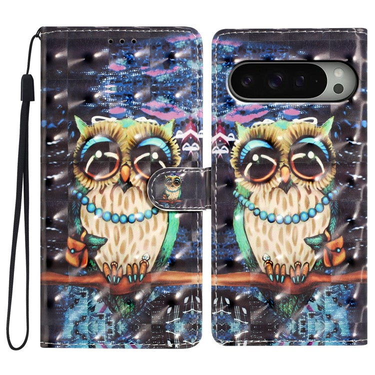 For Google Pixel 9 / 9 Pro Case PU Leather 3D Pattern Printing Wallet Phone Cover - Owl