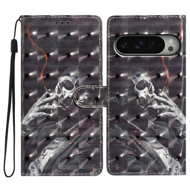 For Google Pixel 9 / 9 Pro Case PU Leather 3D Pattern Printing Wallet Phone Cover - Smoking Skeleton