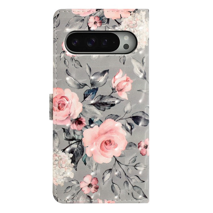 For Google Pixel 9 / 9 Pro Case PU Leather 3D Pattern Printing Wallet Phone Cover - Flowers