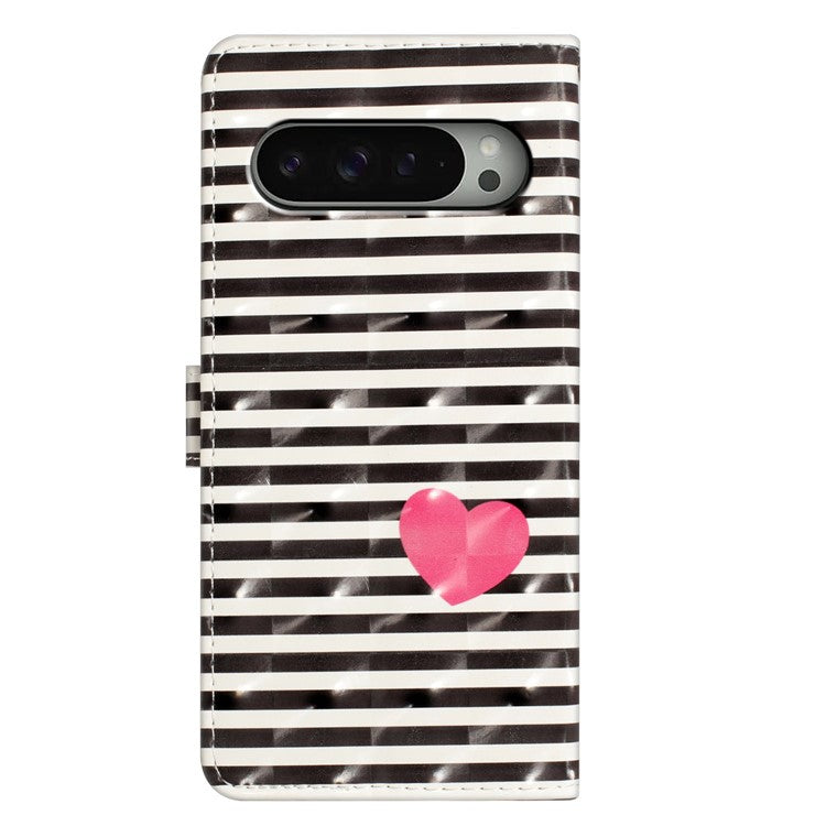 For Google Pixel 9 Pro XL Case PU Leather 3D Pattern Printing Wallet Phone Cover - Stripes / Heart