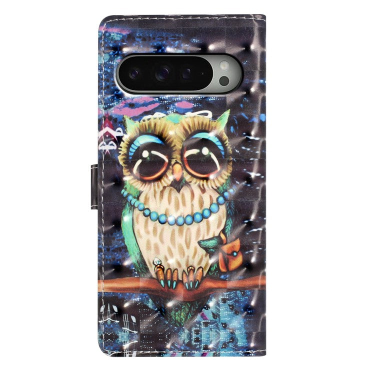 For Google Pixel 9 Pro XL Case PU Leather 3D Pattern Printing Wallet Phone Cover - Owl