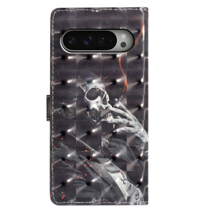 For Google Pixel 9 Pro XL Case PU Leather 3D Pattern Printing Wallet Phone Cover - Smoking Skeleton