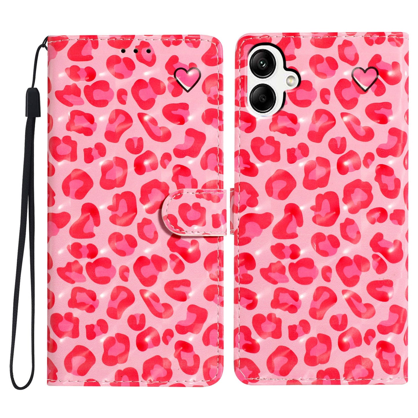 For Samsung Galaxy A06 Case PU Leather 3D Pattern Printing Wallet Phone Cover - Pink Leopard Print