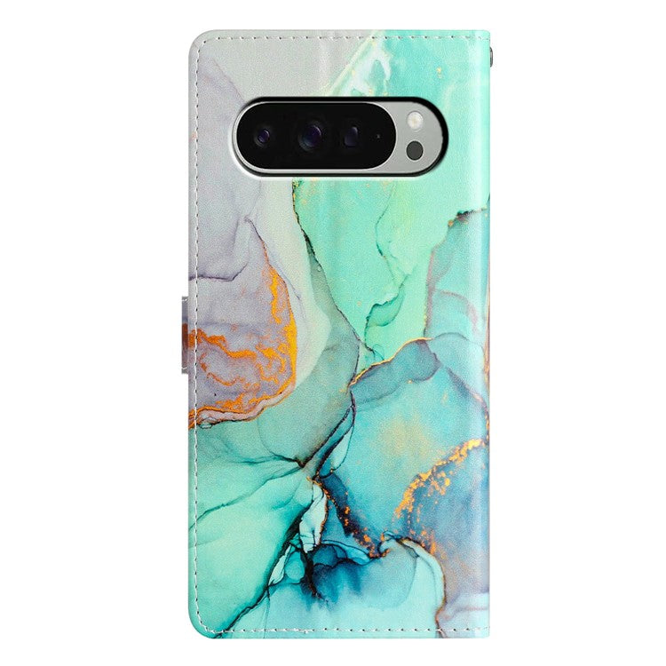 For Google Pixel 9 / 9 Pro Wallet Case PU Leather Pattern Printing Stand Phone Cover with Strap - Green Marble