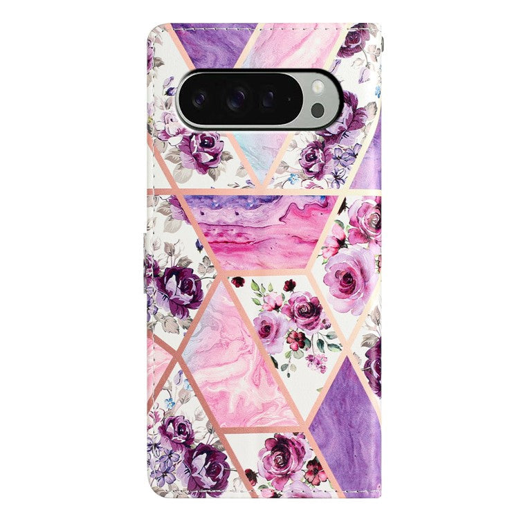 For Google Pixel 9 / 9 Pro Wallet Case PU Leather Pattern Printing Stand Phone Cover with Strap - Purple Flowers