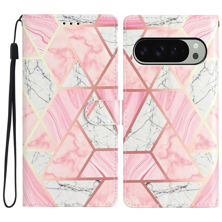 For Google Pixel 9 / 9 Pro Wallet Case PU Leather Pattern Printing Stand Phone Cover with Strap - Pink Marble