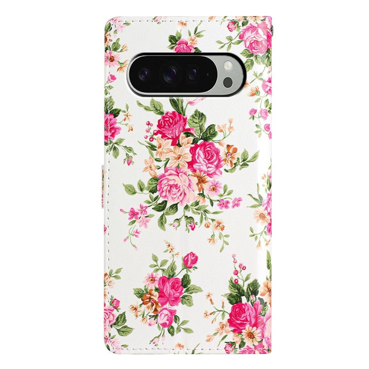 For Google Pixel 9 / 9 Pro Wallet Case PU Leather Pattern Printing Stand Phone Cover with Strap - Red Flowers