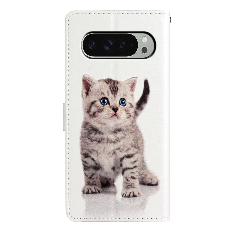 For Google Pixel 9 / 9 Pro Wallet Case PU Leather Pattern Printing Stand Phone Cover with Strap - Cute Cat
