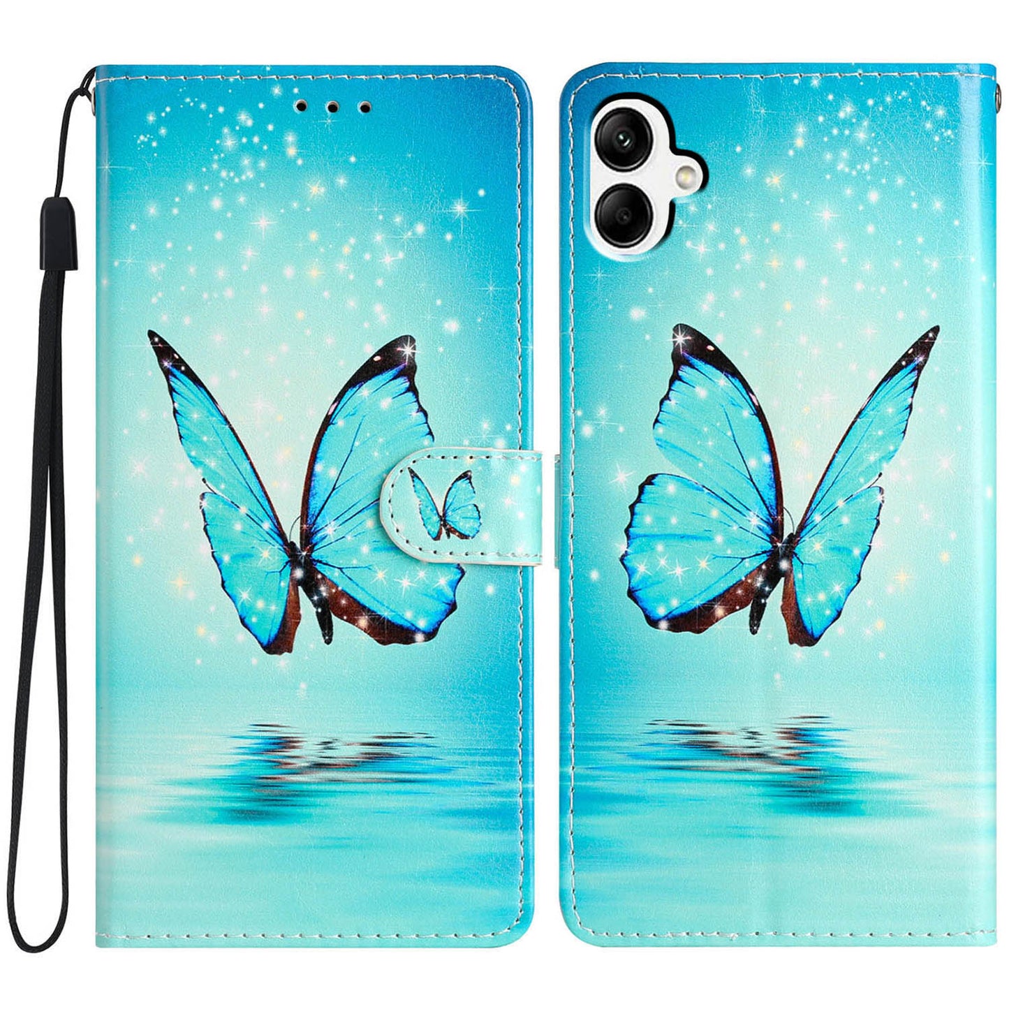 For Samsung Galaxy A06 Wallet Case PU Leather Pattern Printing Stand Phone Cover with Strap - Blue Butterfly