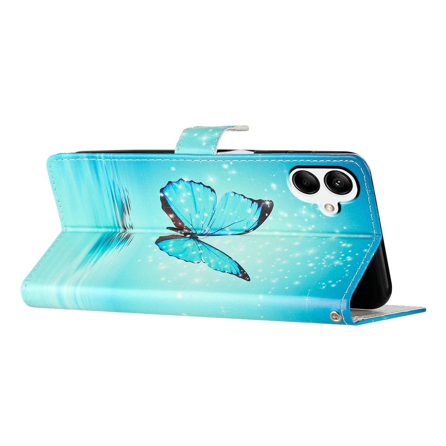 For Samsung Galaxy A06 Wallet Case PU Leather Pattern Printing Stand Phone Cover with Strap - Blue Butterfly