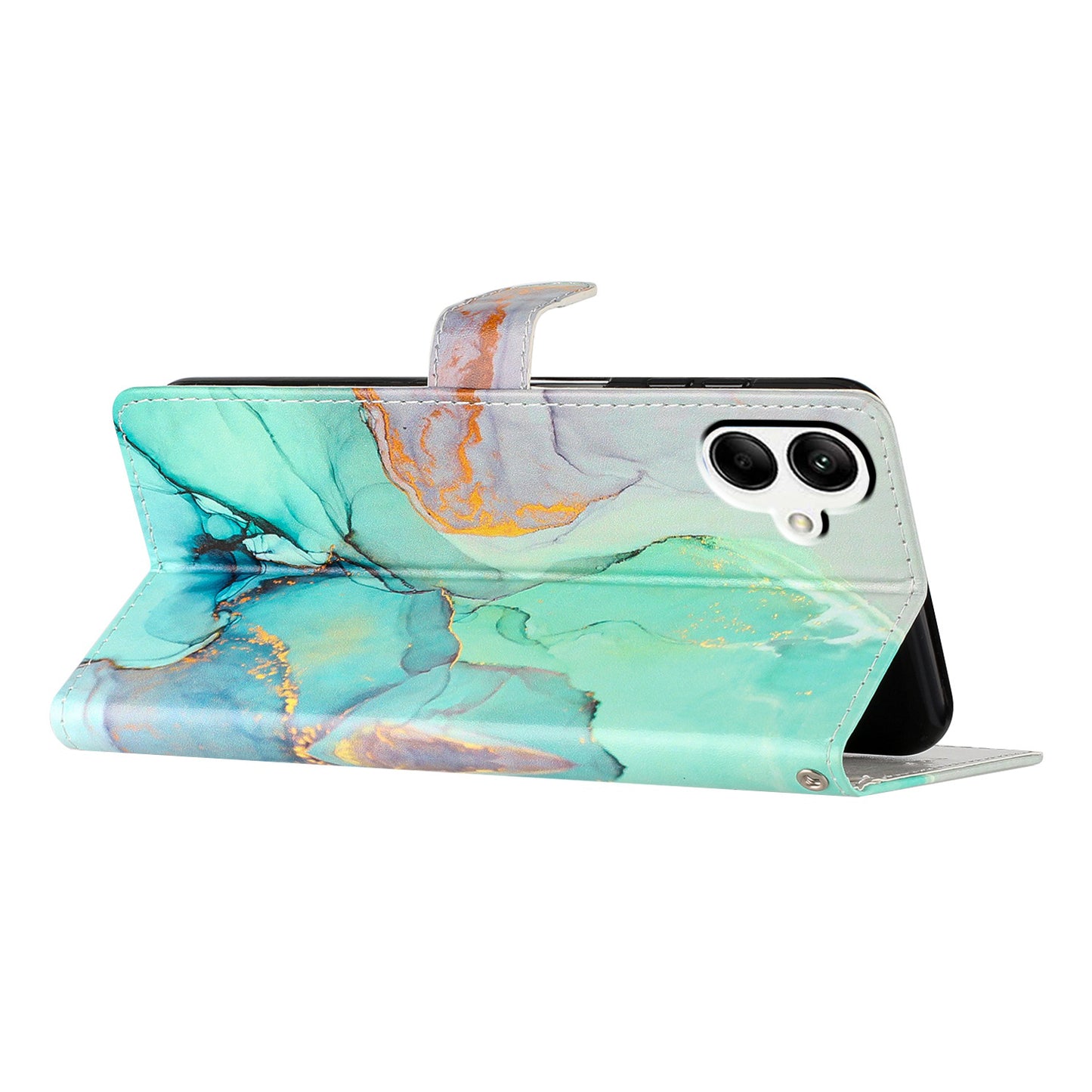 For Samsung Galaxy A06 Wallet Case PU Leather Pattern Printing Stand Phone Cover with Strap - Green Marble