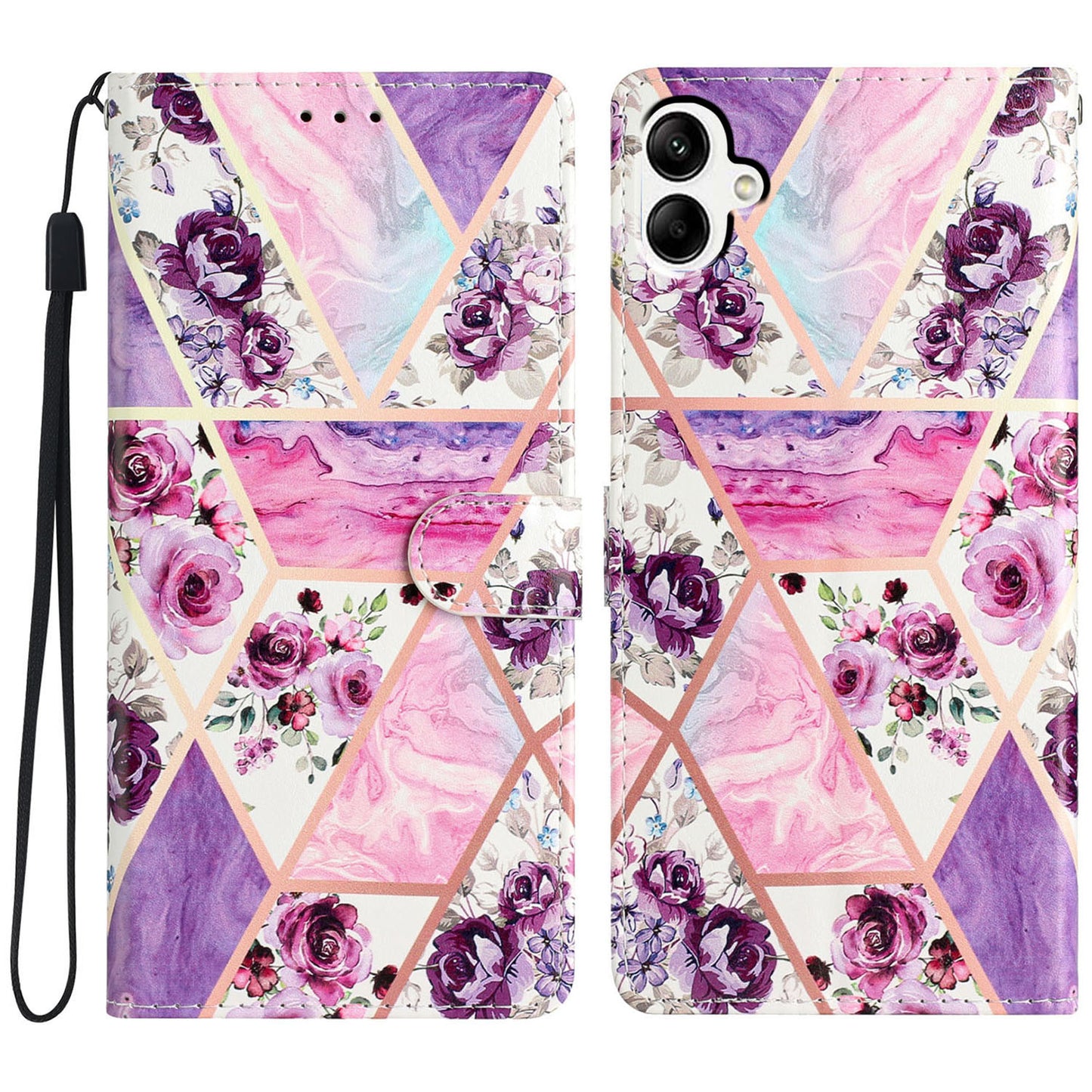 For Samsung Galaxy A06 Wallet Case PU Leather Pattern Printing Stand Phone Cover with Strap - Purple Flowers