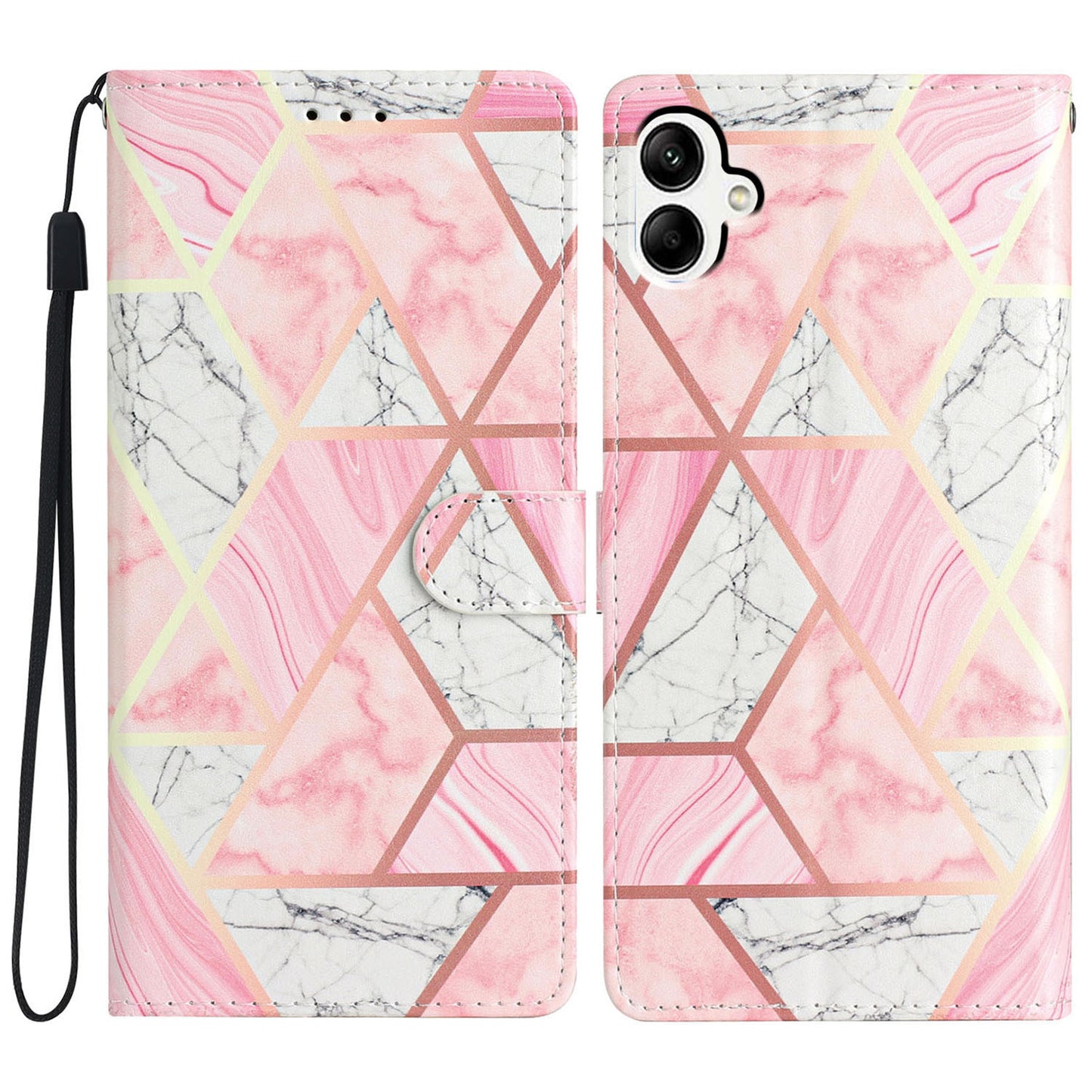 For Samsung Galaxy A06 Wallet Case PU Leather Pattern Printing Stand Phone Cover with Strap - Pink Marble