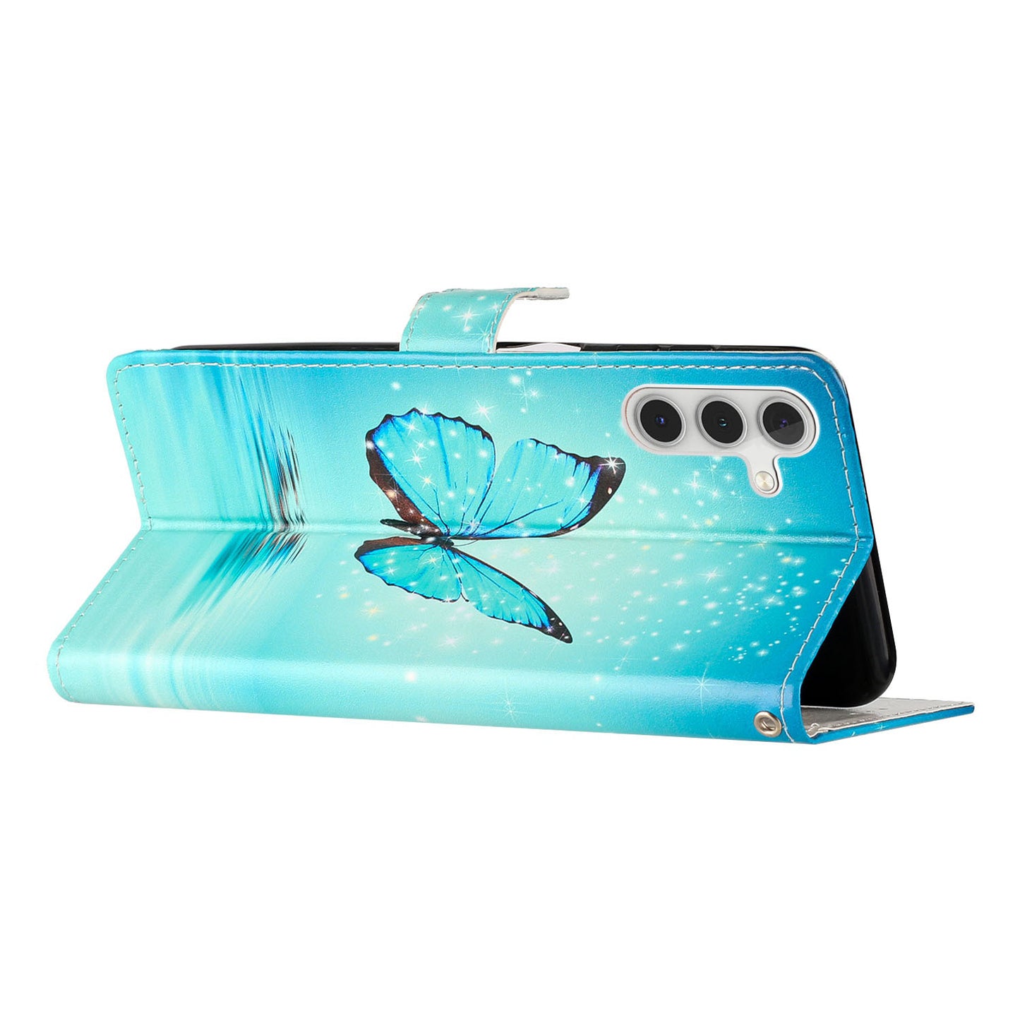 For Samsung Galaxy A16 5G / A16 4G Wallet Case PU Leather Pattern Printing Stand Phone Cover with Strap - Blue Butterfly