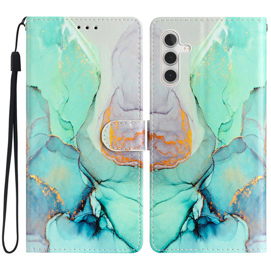 For Samsung Galaxy A16 5G / A16 4G Wallet Case PU Leather Pattern Printing Stand Phone Cover with Strap - Green Marble