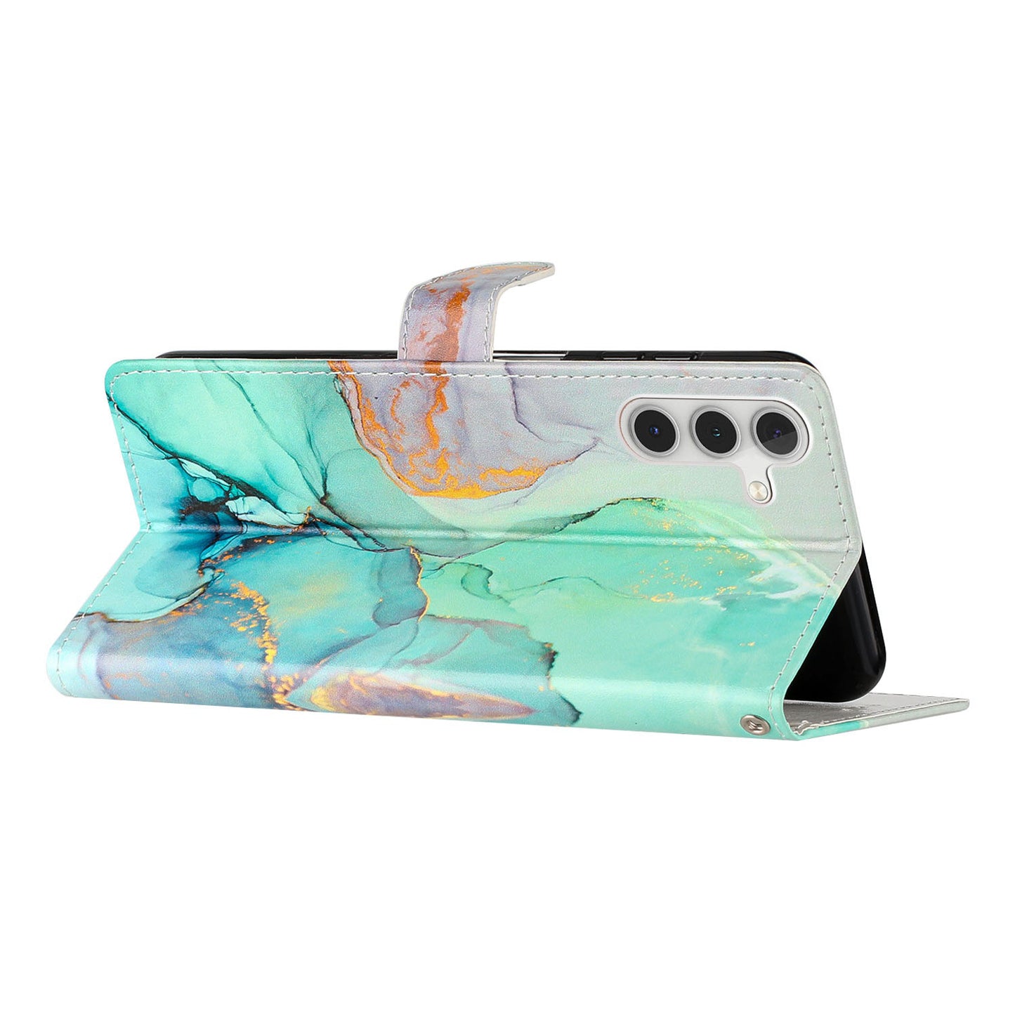 For Samsung Galaxy A16 5G / A16 4G Wallet Case PU Leather Pattern Printing Stand Phone Cover with Strap - Green Marble