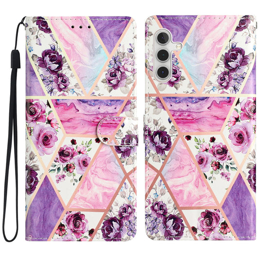 For Samsung Galaxy A16 5G / A16 4G Wallet Case PU Leather Pattern Printing Stand Phone Cover with Strap - Purple Flowers