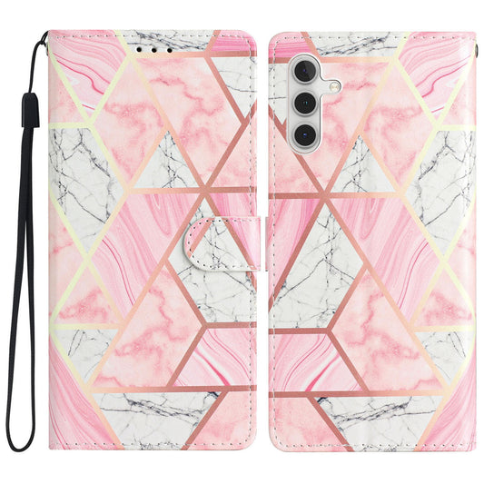For Samsung Galaxy A16 5G / A16 4G Wallet Case PU Leather Pattern Printing Stand Phone Cover with Strap - Pink Marble
