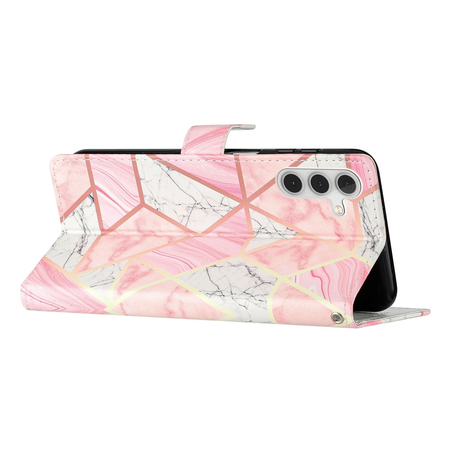 For Samsung Galaxy A16 5G / A16 4G Wallet Case PU Leather Pattern Printing Stand Phone Cover with Strap - Pink Marble