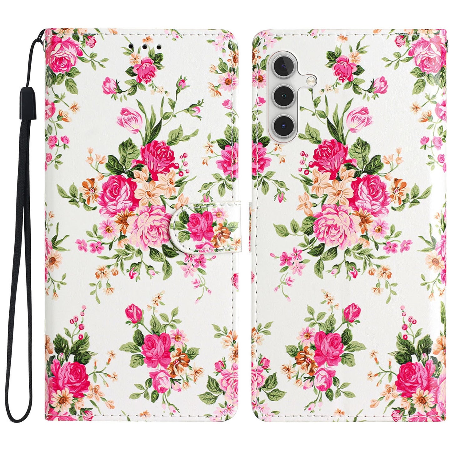 For Samsung Galaxy A16 5G / A16 4G Wallet Case PU Leather Pattern Printing Stand Phone Cover with Strap - Red Flowers
