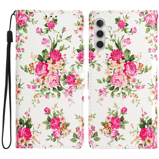 For Samsung Galaxy A16 5G / A16 4G Wallet Case PU Leather Pattern Printing Stand Phone Cover with Strap - Red Flowers