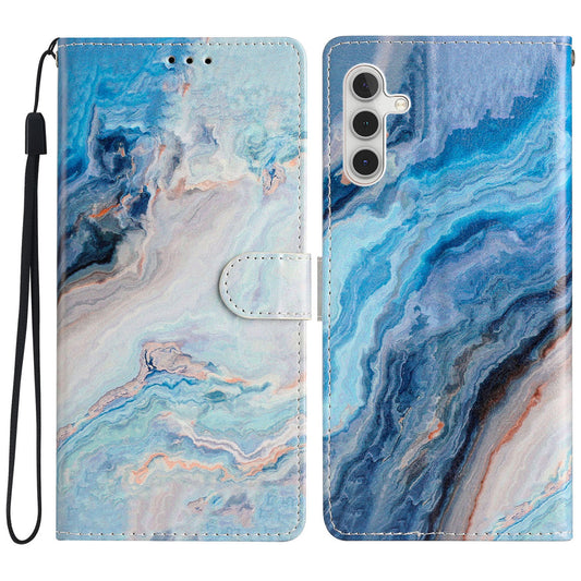 For Samsung Galaxy A16 5G / A16 4G Wallet Case PU Leather Pattern Printing Stand Phone Cover with Strap - Blue Marble