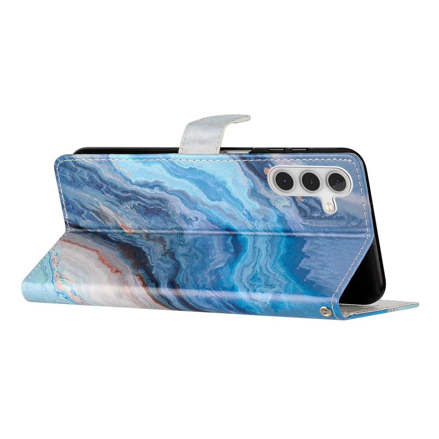 For Samsung Galaxy A16 5G / A16 4G Wallet Case PU Leather Pattern Printing Stand Phone Cover with Strap - Blue Marble
