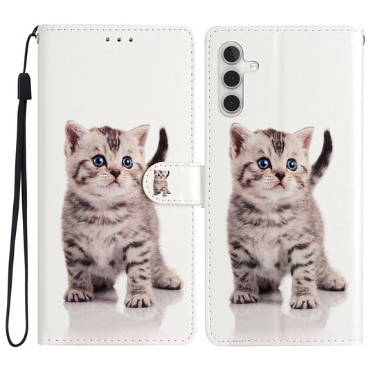 For Samsung Galaxy A16 5G / A16 4G Wallet Case PU Leather Pattern Printing Stand Phone Cover with Strap - Cute Cat
