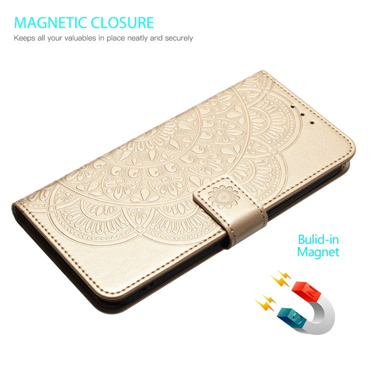 For Google Pixel 9 Pro / Pixel 9 Leather Case with Card Slots Mandala Pattern Phone Cover Stand - Gold
