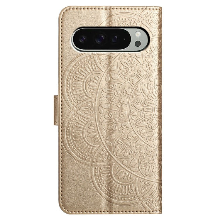 For Google Pixel 9 Pro / Pixel 9 Leather Case with Card Slots Mandala Pattern Phone Cover Stand - Gold