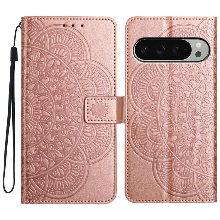 For Google Pixel 9 Pro / Pixel 9 Leather Case with Card Slots Mandala Pattern Phone Cover Stand - Rose Gold