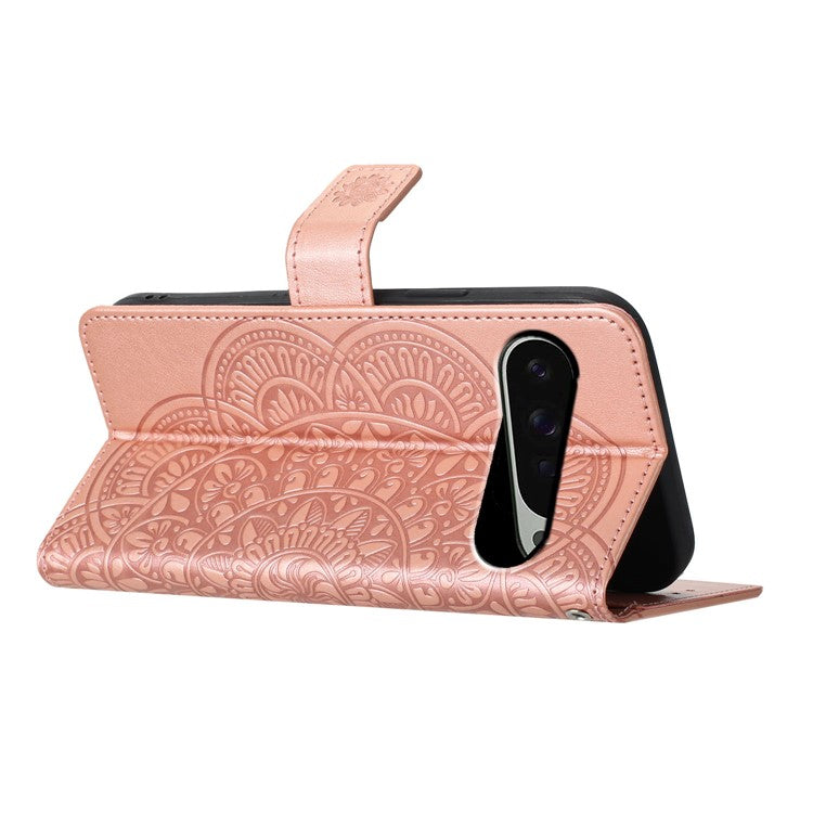 For Google Pixel 9 Pro / Pixel 9 Leather Case with Card Slots Mandala Pattern Phone Cover Stand - Rose Gold
