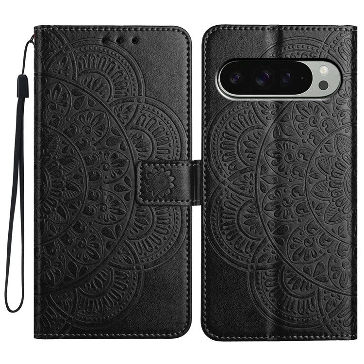 For Google Pixel 9 Pro / Pixel 9 Leather Case with Card Slots Mandala Pattern Phone Cover Stand - Black