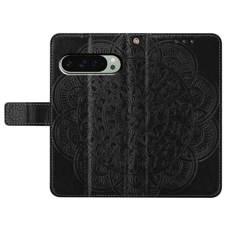 For Google Pixel 9 Pro / Pixel 9 Leather Case with Card Slots Mandala Pattern Phone Cover Stand - Black