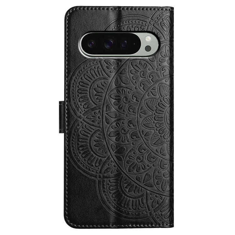 For Google Pixel 9 Pro / Pixel 9 Leather Case with Card Slots Mandala Pattern Phone Cover Stand - Black