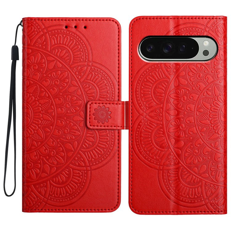 For Google Pixel 9 Pro / Pixel 9 Leather Case with Card Slots Mandala Pattern Phone Cover Stand - Red
