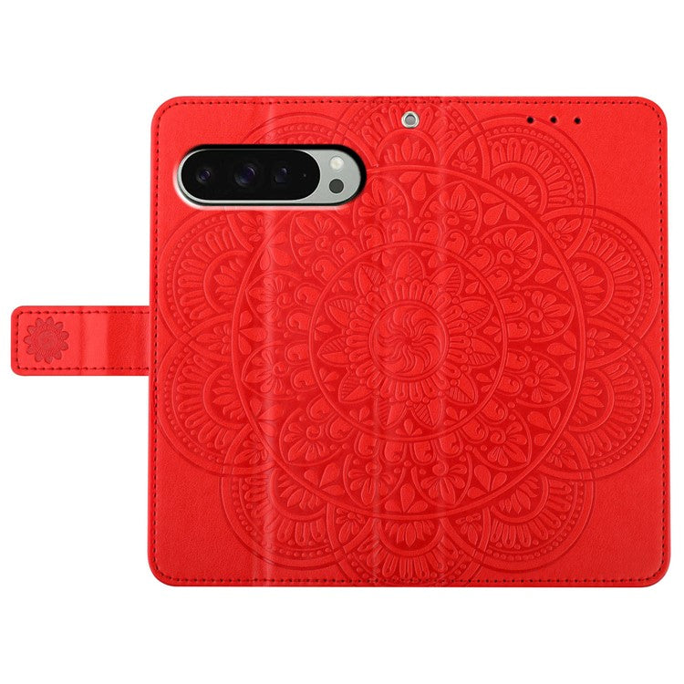 For Google Pixel 9 Pro / Pixel 9 Leather Case with Card Slots Mandala Pattern Phone Cover Stand - Red