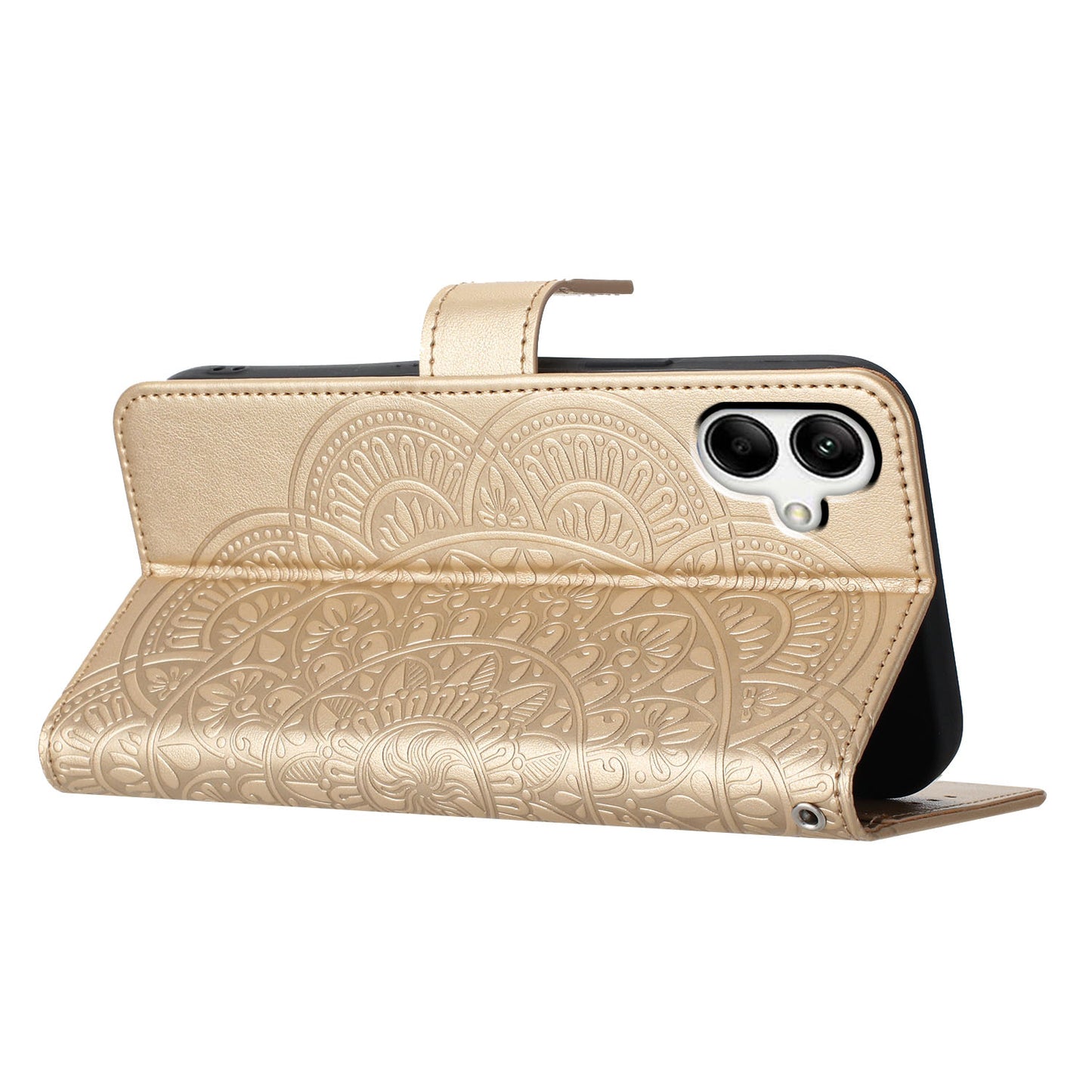 For Samsung Galaxy A06 Leather Case with Card Slots Mandala Pattern Phone Cover Stand - Gold