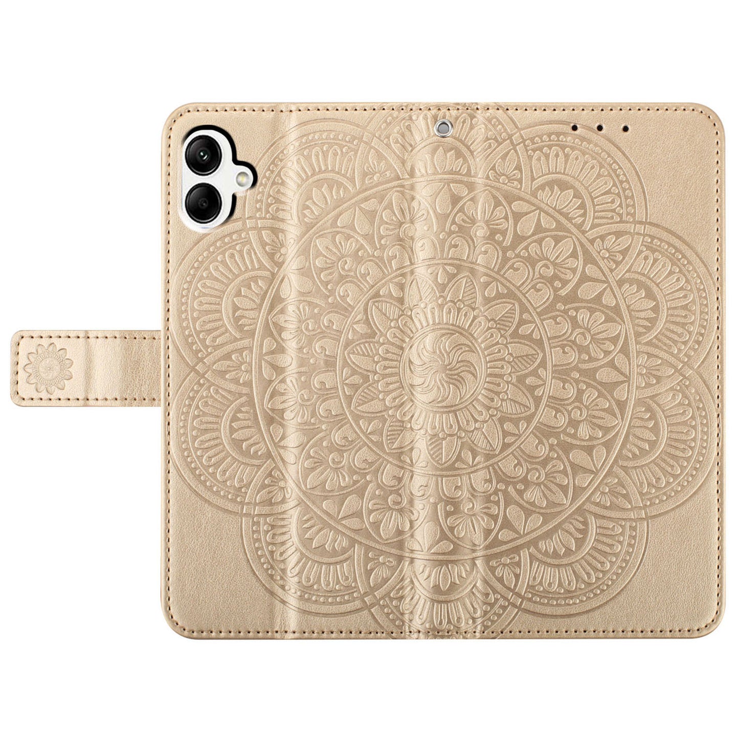 For Samsung Galaxy A06 Leather Case with Card Slots Mandala Pattern Phone Cover Stand - Gold