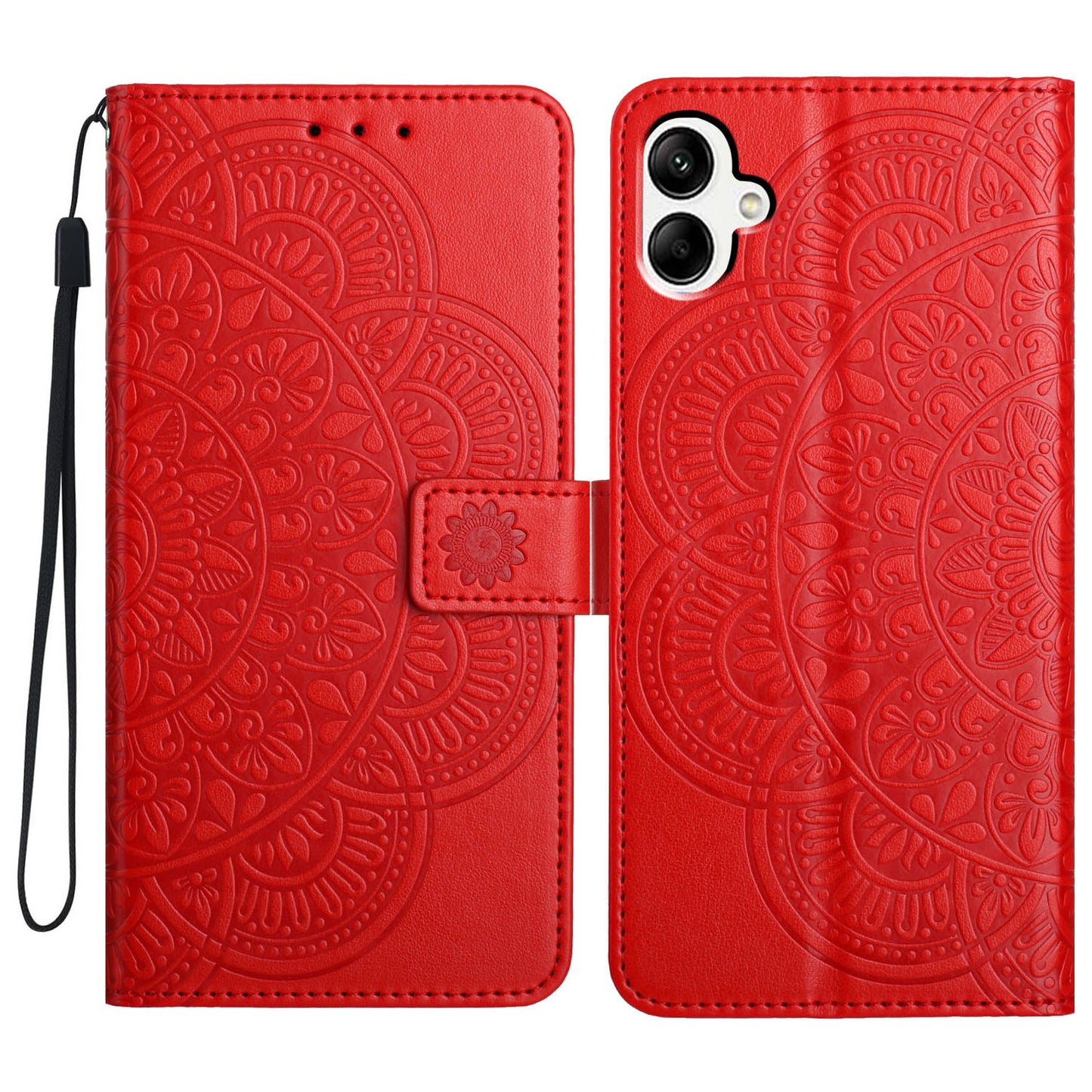 For Samsung Galaxy A06 Leather Case with Card Slots Mandala Pattern Phone Cover Stand - Red