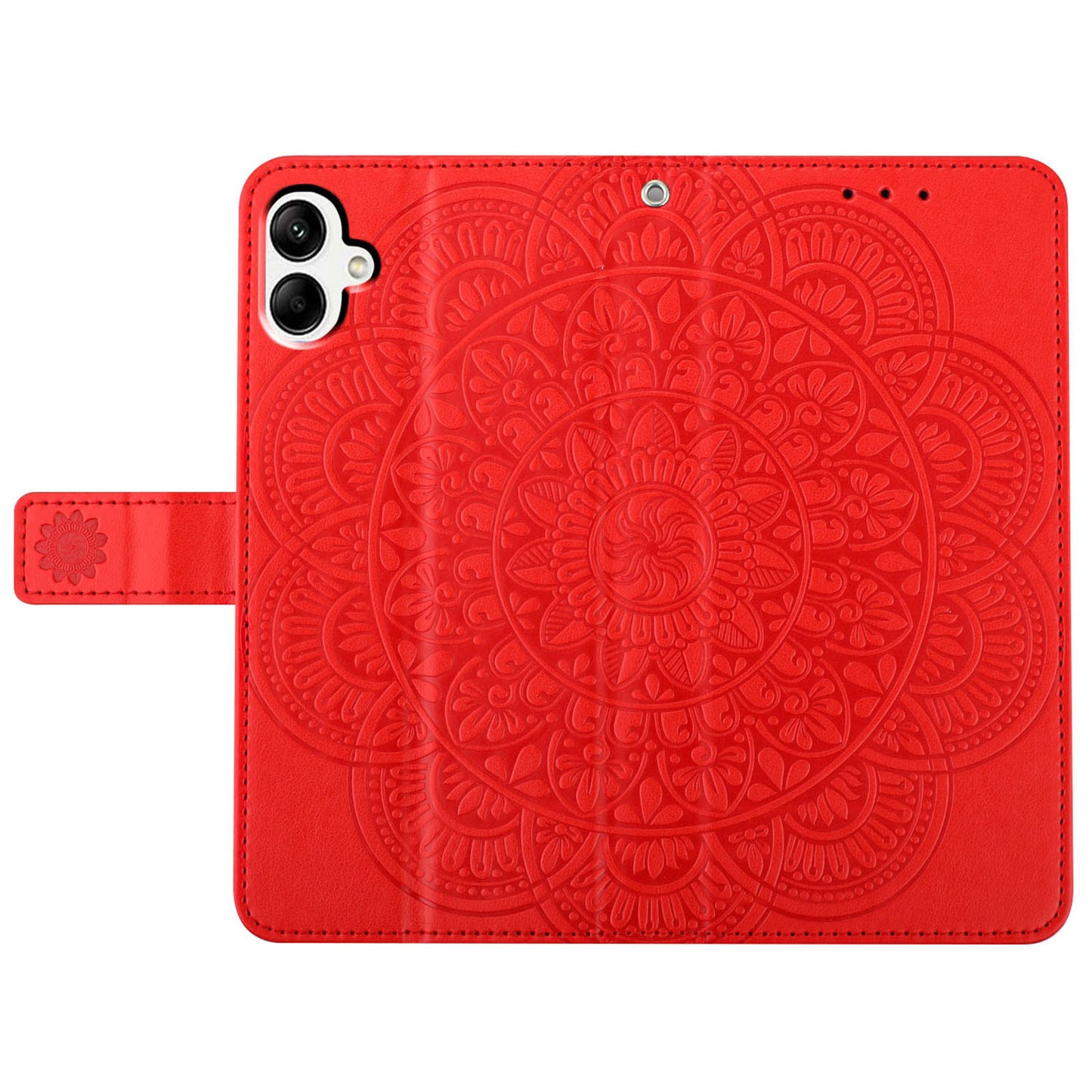 For Samsung Galaxy A06 Leather Case with Card Slots Mandala Pattern Phone Cover Stand - Red