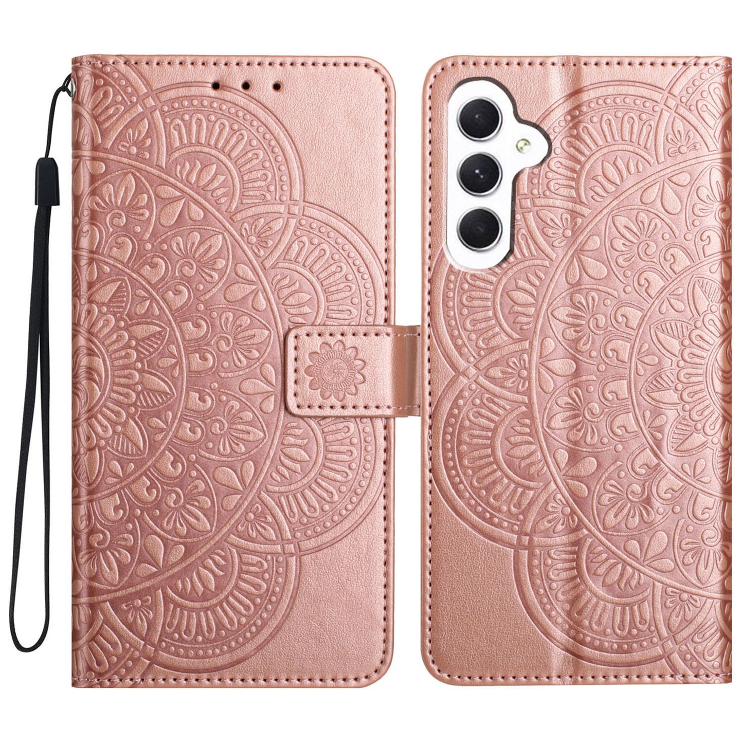 For Samsung Galaxy A16 5G / A16 4G Leather Case with Card Slots Mandala Pattern Phone Cover Stand - Rose Gold
