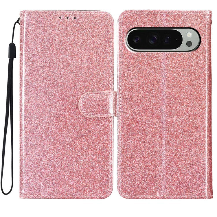 For Google Pixel 9 Pro / Pixel 9 Wallet Case Glitter Anti-Scratch Leather Phone Cover Stand - Rose Gold