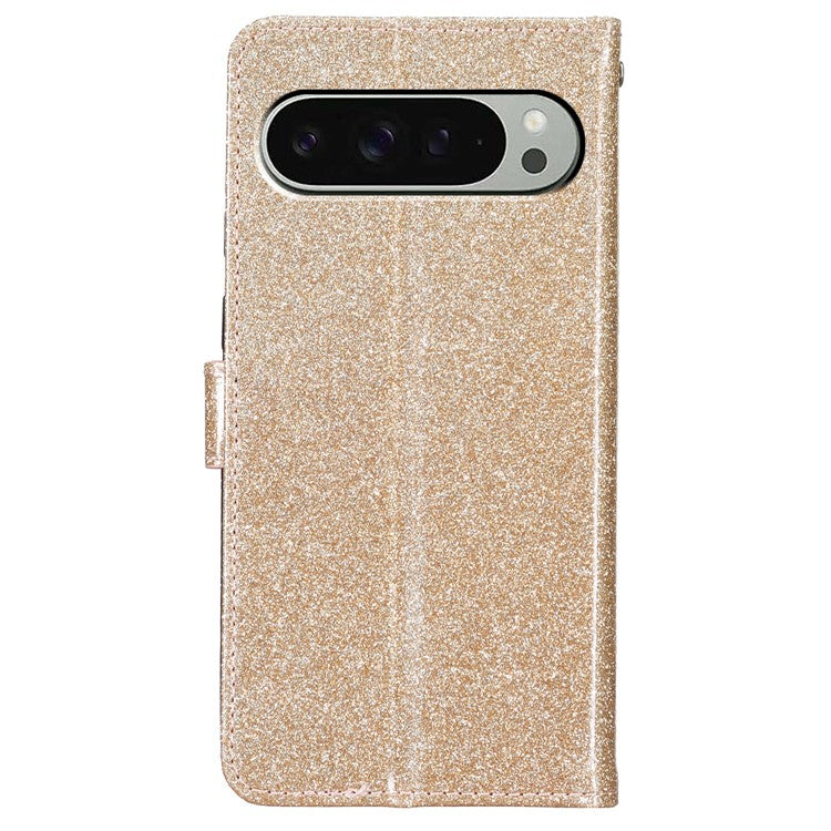 For Google Pixel 9 Pro / Pixel 9 Wallet Case Glitter Anti-Scratch Leather Phone Cover Stand - Gold
