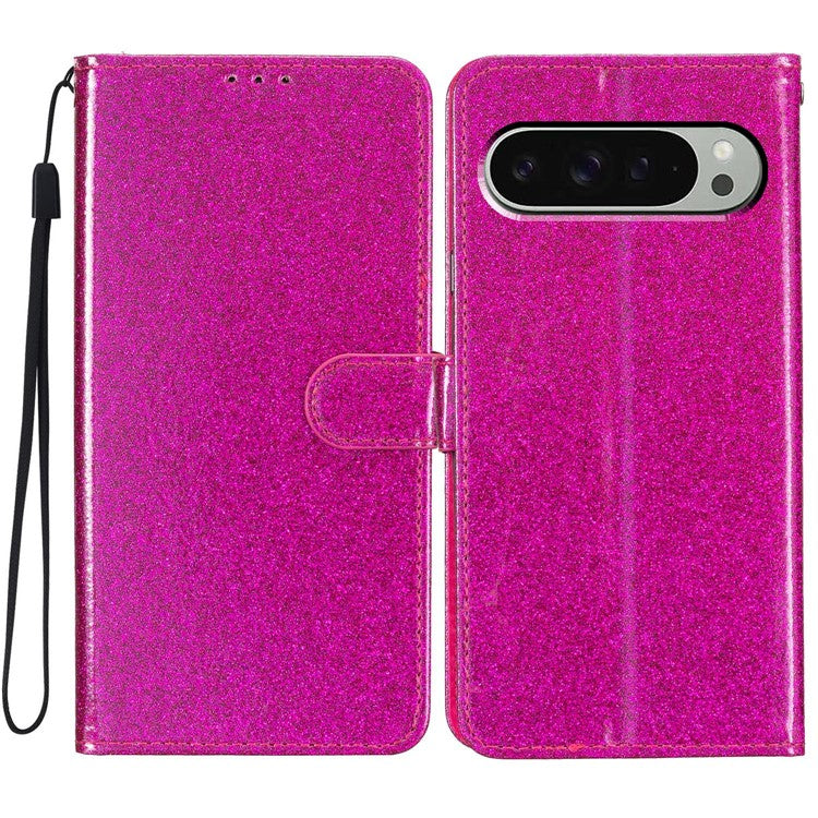 For Google Pixel 9 Pro / Pixel 9 Wallet Case Glitter Anti-Scratch Leather Phone Cover Stand - Rose